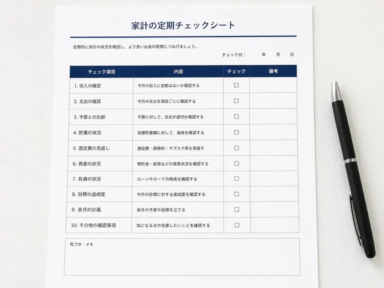 家計の確認シートの見本。項目ごとにチェック欄が並んだ書類